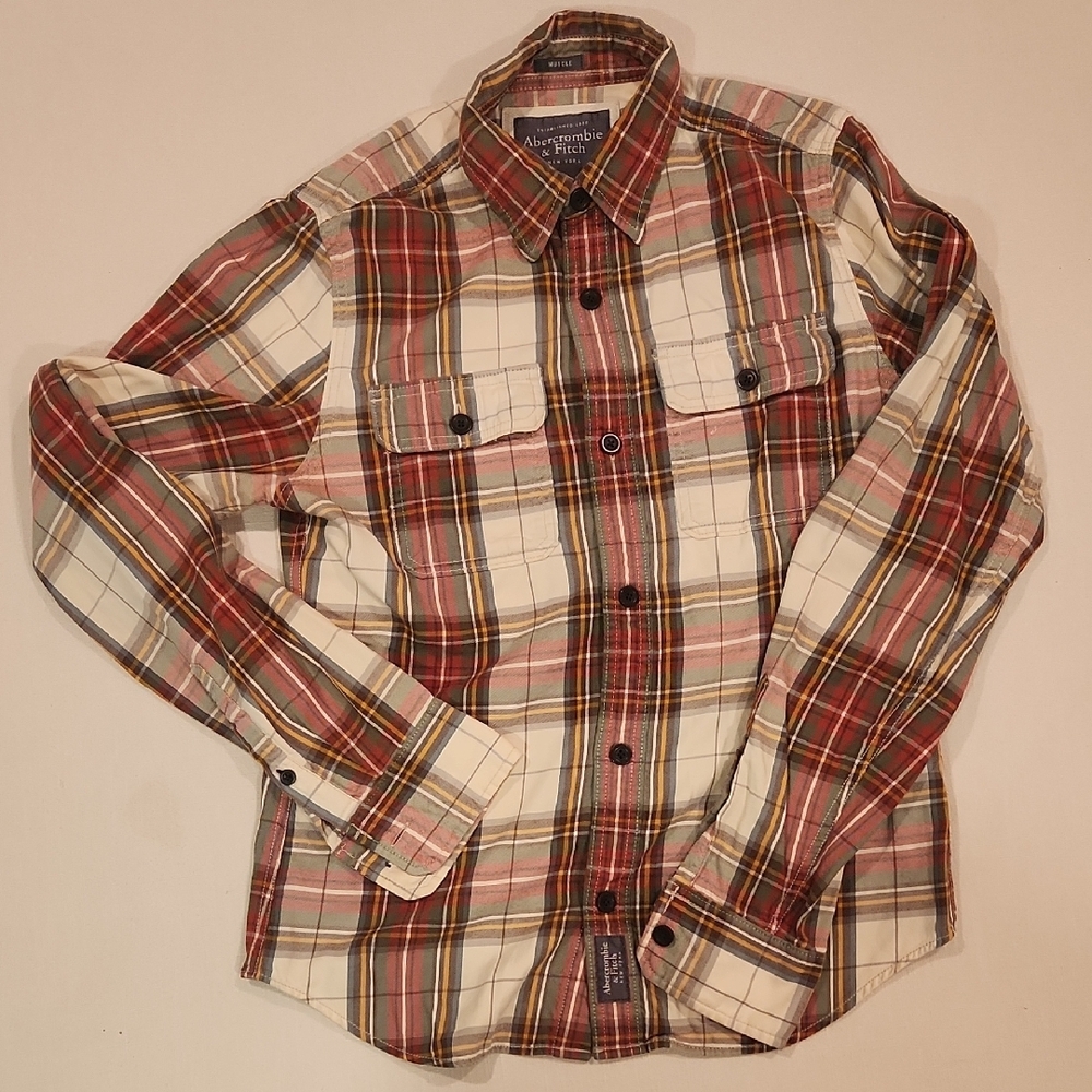 Abercrombie & Fitch Men's Plaid Shirt - Red and White
